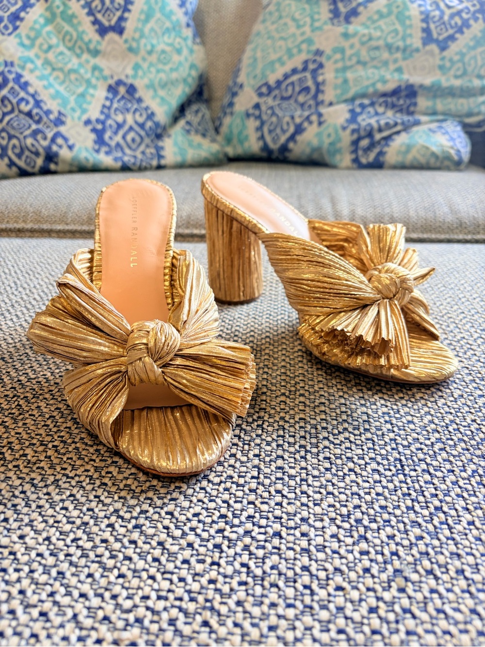 Loeffler Randall Penny Gold Pleated Open Toe Bow Heel Size 7